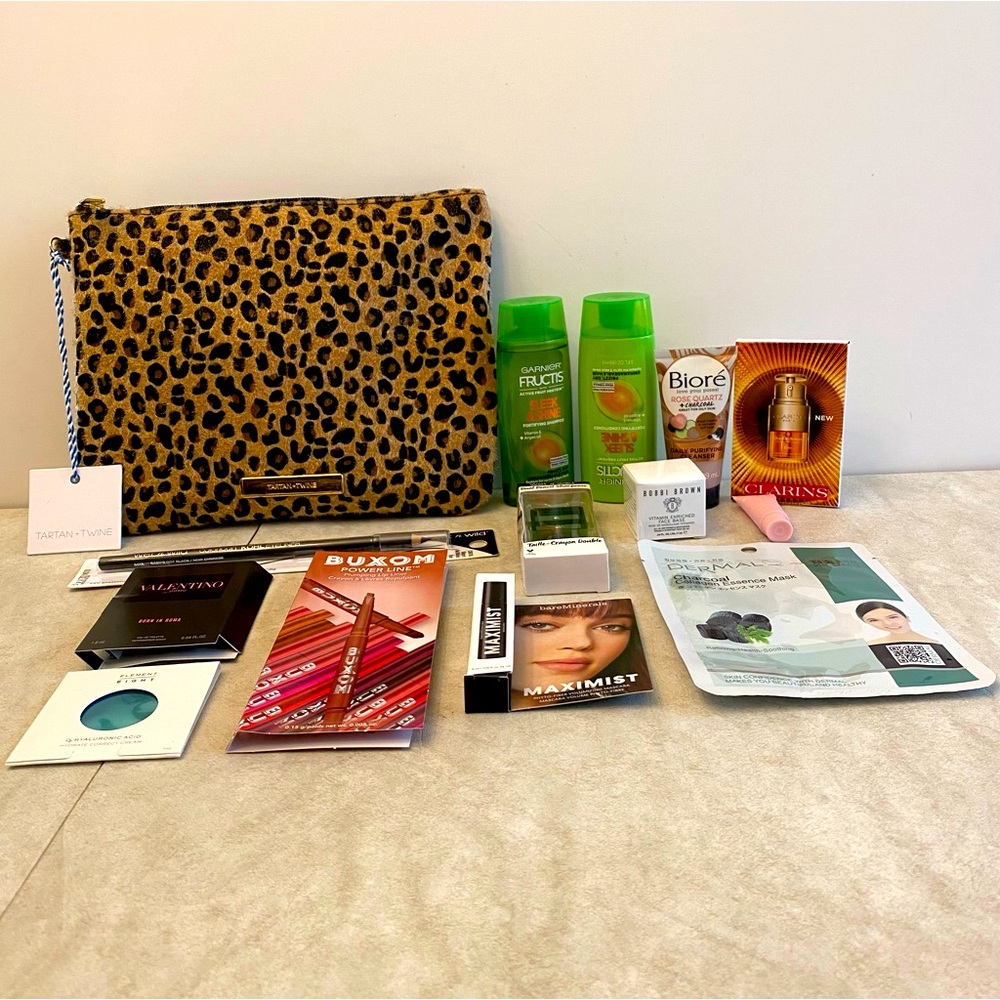 Faux cheetah print makeup bag with samples